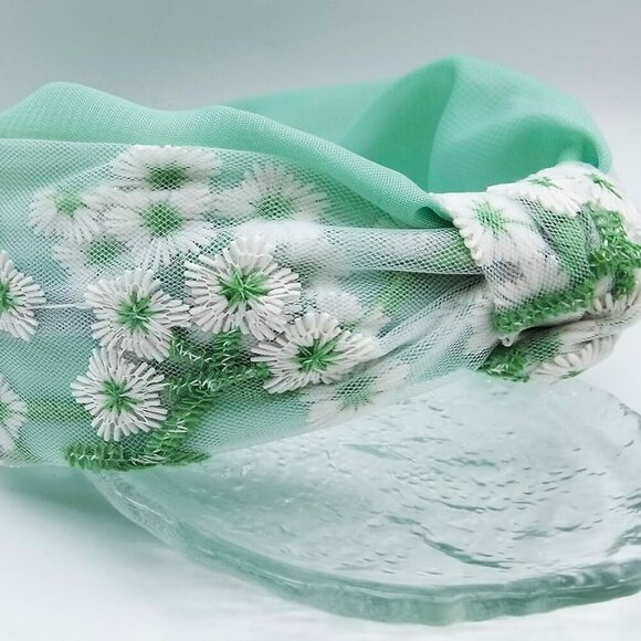 Boho Knotted Green Headband with Flower Embroidery Mesh for Women Girls main image 4